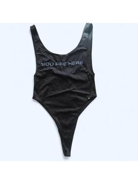 True Religion black graphic bodysuit “you are here” Y2K edgy glam Size Small 🖤